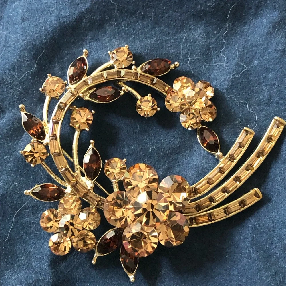 Gold and Amber Floral Crystal Brooch - Women's Jewelry